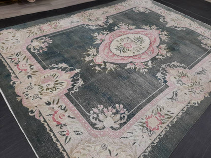 Vintage RUG  Hunter Green and Light Pink Antique Rug Vintage Wool 7.3 x 10 Oriental Rug Hand Made Rug Hand Knotted  Rug Wool on wool Rug