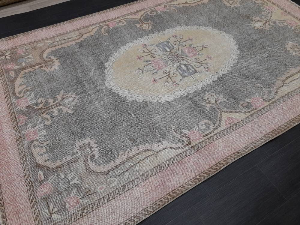 Floral Vintage OUSHAK RUG Antique TURKISH Rug Vintage Distressed Oriental Rug 6.6 x 10.4 Wool  Rug Hand Made Vintage Rug 7x10 Turkish Rug
