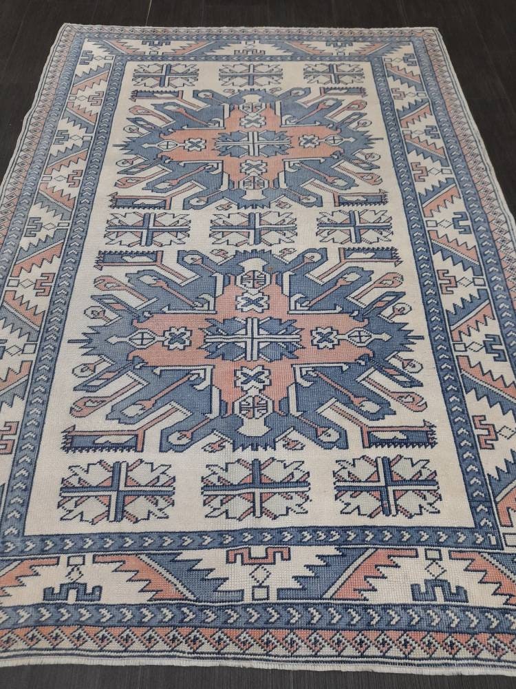 Blue Vintage Rug Hand Made Rug 4.6 x 6.5 Oushak Rug Rustic Rug ORIENTAL Rug Turkish Rug Vintage Persian rug