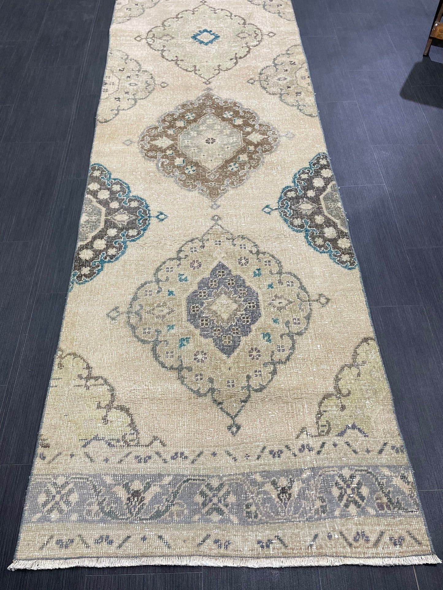 Muted Turkish Runner Rug Vintage 3 x 13.7 Runner Rug Hallway Runner Rug Hand Knotted Runner Kitchen Runner Rug Handmade Runner Rug