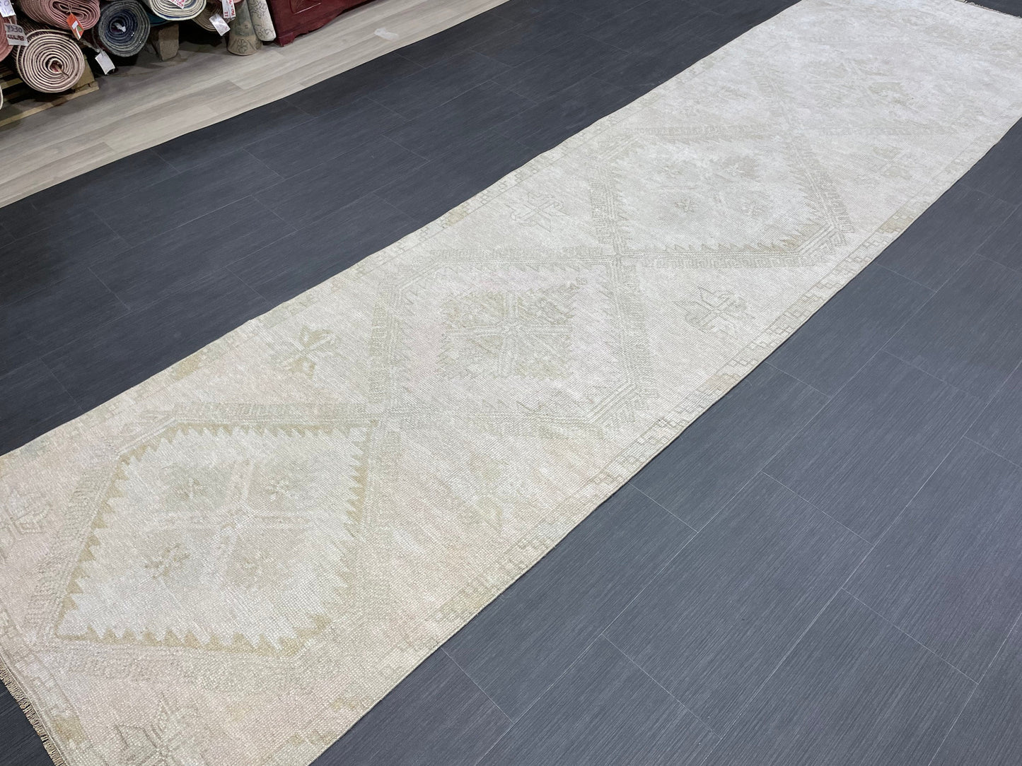 Muted Oushak Runner 3.2 x 12.5 Rug Turkish Runner Rug Vintage Runner Rug Hallway Runner Rug Kitchen Runner Rug Wool Runner Rug