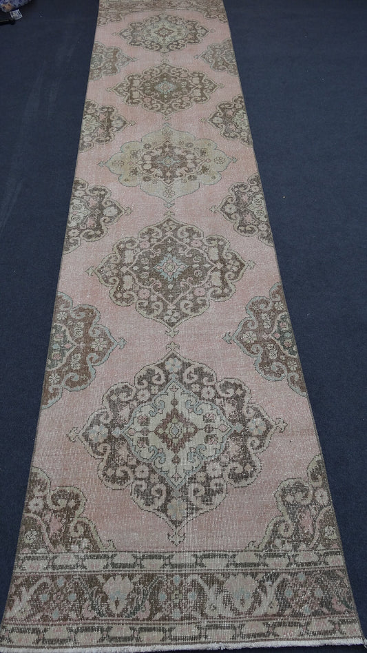 Turkish runner rug,muted soft colors rug,vintage rug,turkish oushak rug,rustic unsual tribal rug,traditional turkish design,159x35 inches