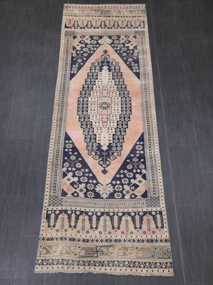 Blue and Pink TURKISH Runner Rug Vintage Runner Rug 3 x 9 Oriental Runner Rug Wool Oushak Rug Hand Knotted Rugs Vintage Turkish Runner Rug