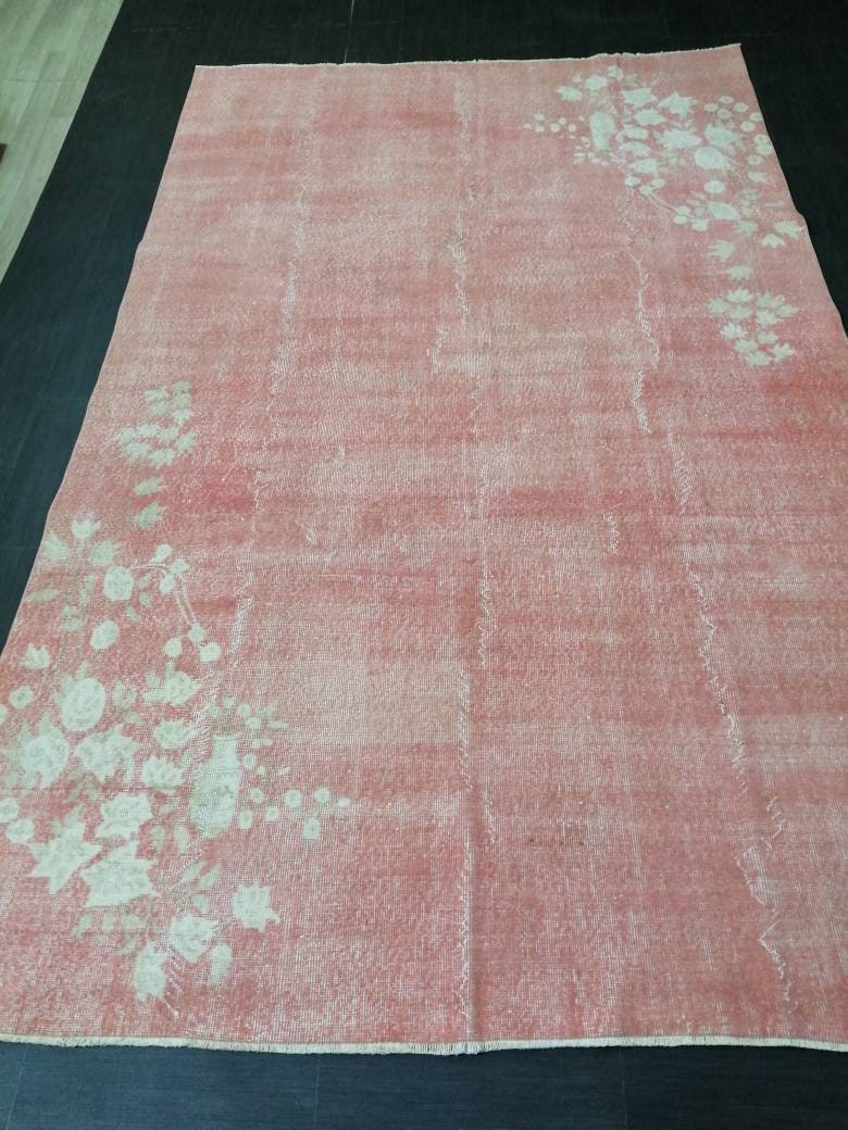 Pink Vintage Rug 6.6 x 10.6 TURKISH HAND MADE Rugs   Vintage Turkish Rugs  Pink Orient Rug Persian Rug, Vintage Oushak Rug, Wool Rug