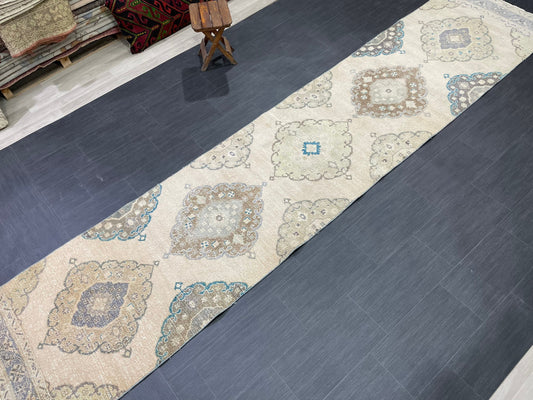 Muted Turkish Runner Rug Vintage 3 x 13.7 Runner Rug Hallway Runner Rug Hand Knotted Runner Kitchen Runner Rug Handmade Runner Rug