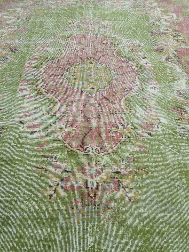Oriental Rug 10 x 6.7 TURKISH Oushak Rug Vintage Antique Rug Vintage Green and Pink Rug Wool Distressed Rug Hand Made Rug