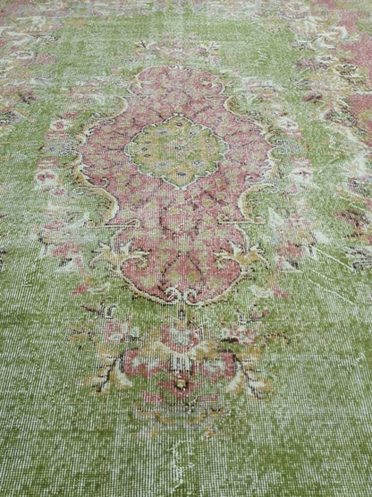 Oriental Rug 10 x 6.7 TURKISH Oushak Rug Vintage Antique Rug Vintage Green and Pink Rug Wool Distressed Rug Hand Made Rug