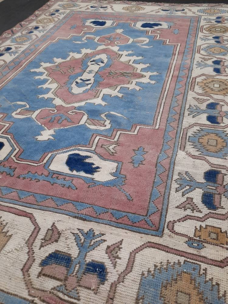 Blue Distressed Wool 5.6 x 7.8 RUG TURKISH Rug Vintage Oriental Rug Vintage Rug Oushak Rug Hand Made Rug Vintage Hand Knotted Turkish Rug
