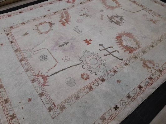9 x 12.2 Muted Vintage OUSHAK RUG TURKISH Muted Oushak Rug, Vintage Rug Wool Oushak Rug Hand Made Rugs, Authentic Oushak Rug Pastel Colors
