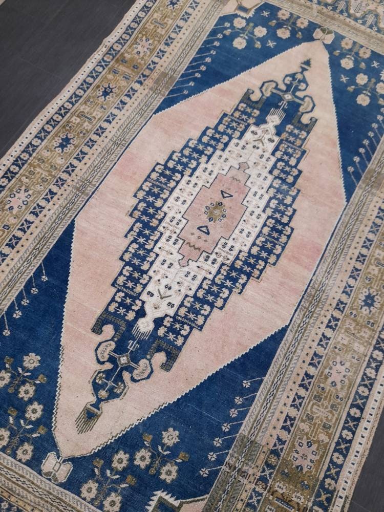 Navy and Pink OUSHAK RUG 5.8 x 11 TURKISH Rug Vintage Oriental Rug Vintage Persian Rug Wool Oushak Rug Hand Made Rug Vintage Turkish Rug