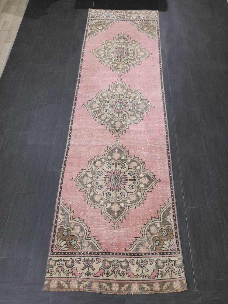 Vintage Runner Rug Muted 3.2 x 11.2 Hand Made Runner Rug Turkish Runner Rug Pink Vintage Runner Rug Hallway Runner Rug Wool Kitchen Runner