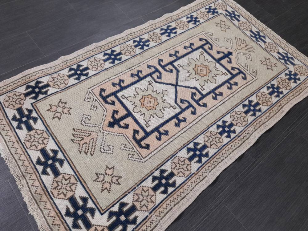 Vintage Turkish Rug, 2.8 x 4.8 Oushak Rug, Wool Oriental Rug, Blue Vintage Persian Rug, Hand Made Rug Vintage Wool Rug