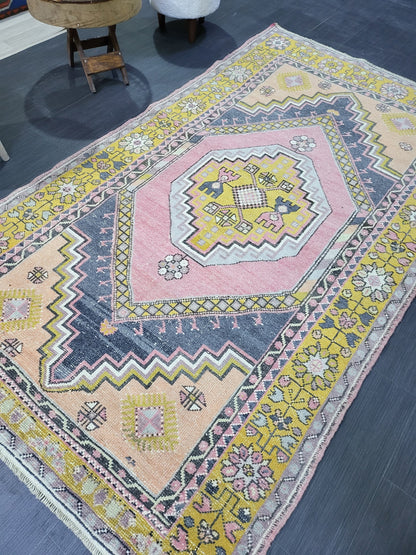 Vintage Rug,  TURKISH 4.2 x 7.4 HANDMADE Rug, Vintage Turkish Rug, Oushak Rug, Turkish Oushak Rug, Vintage Handknotted Rug, Wool Rug