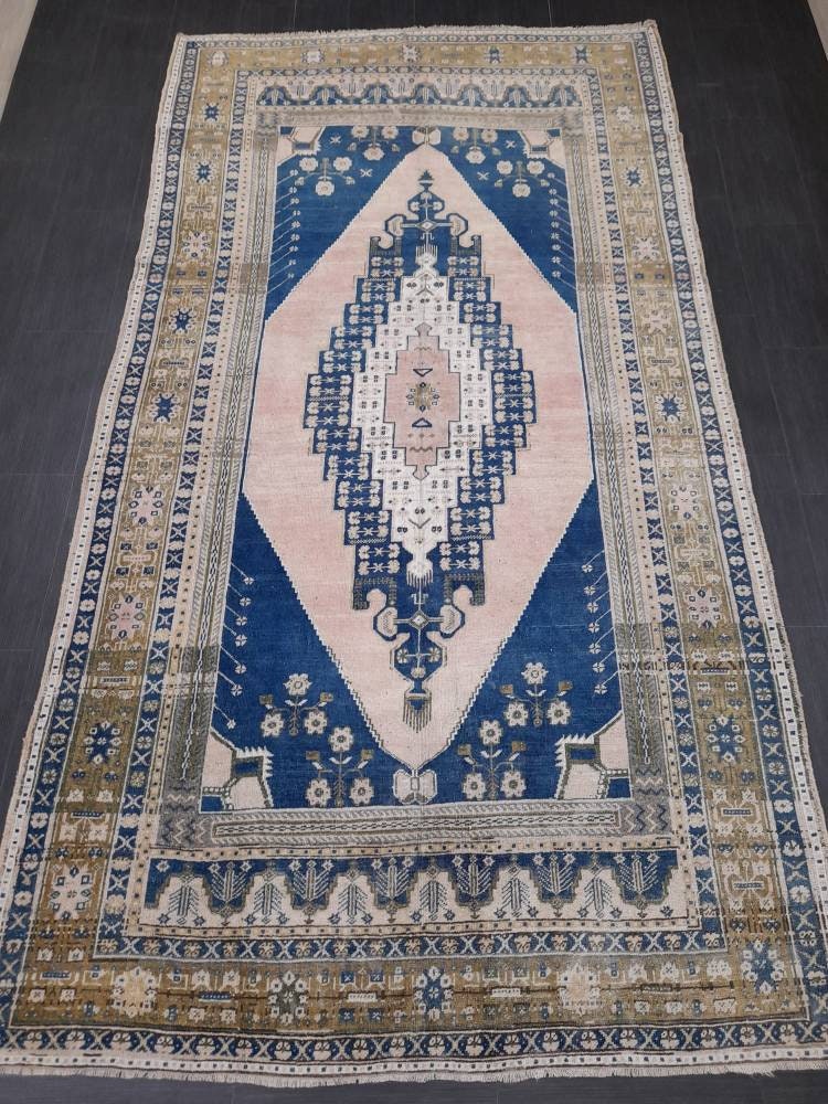 Navy and Pink OUSHAK RUG 5.8 x 11 TURKISH Rug Vintage Oriental Rug Vintage Persian Rug Wool Oushak Rug Hand Made Rug Vintage Turkish Rug