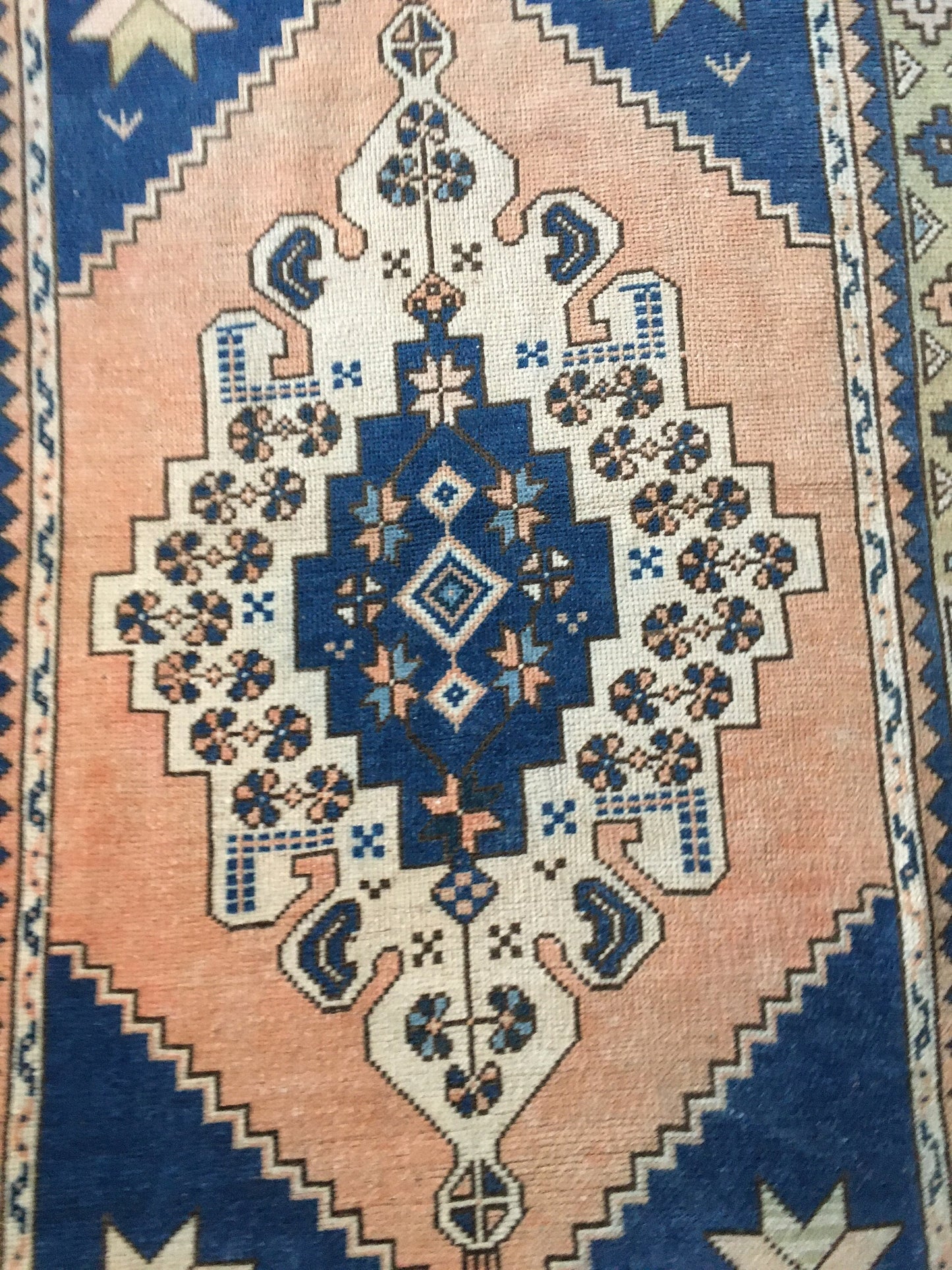 4x7.6 feet handmade blue kitchen floor rug, vintage living room area rug, pink turkish bedroom rug, oushak bathroom rug, wool bohemian rug