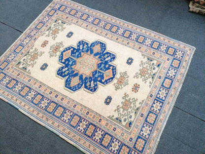 Turkish blue wool rug, vintage oushak rug 5x6'8