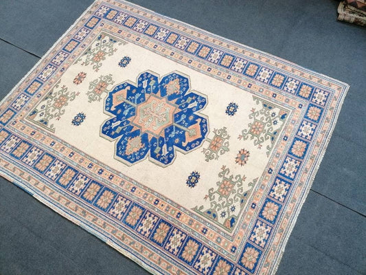 Turkish blue wool rug, vintage oushak rug 5x6'8