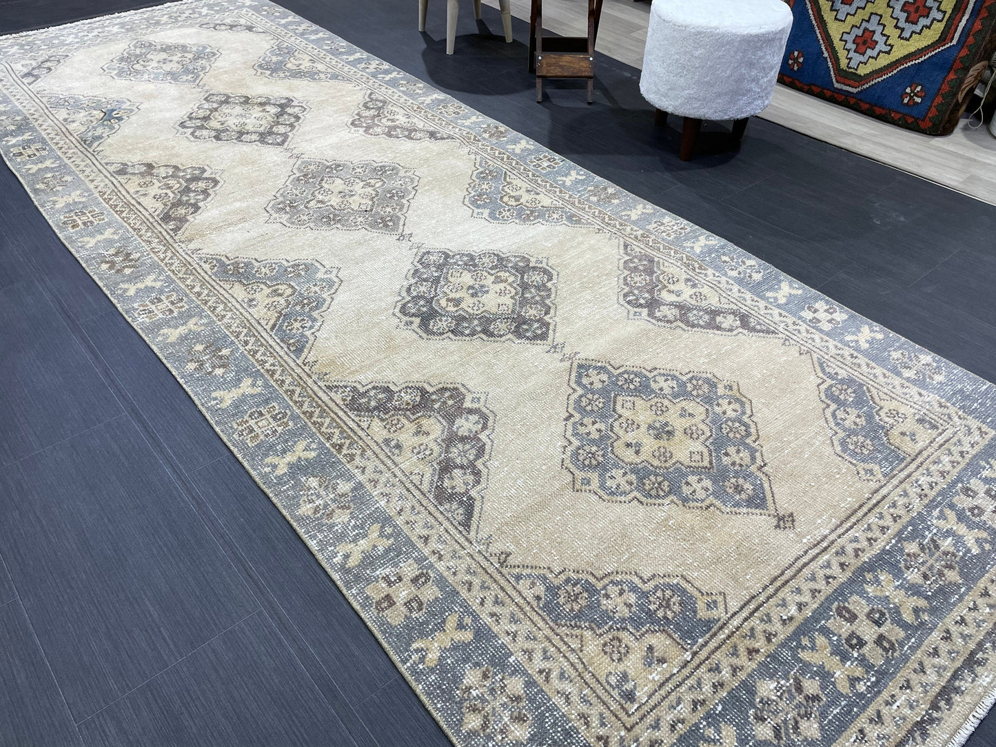 Hand Knotted Runner Rug Turkish Runner 3.8 x 10.8 Rug Vintage Gray Blue Runner Rug Hallway Runner Kitchen Runner Country modern Runner Rug