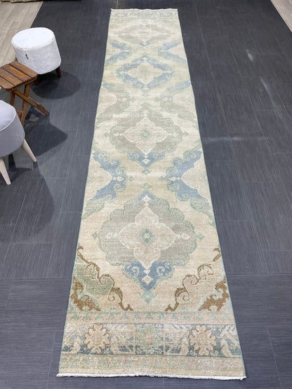 Muted Vintage Runner 2.6 x 12.6 Rug, Persian Runner Rug, Wool Oushak Runner Rug, Turkish Runner Rug, Kitchen Runner Rug, Hallway Runner rug