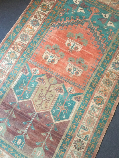 4x7 feet turquoise handmade wool large rug, turkish wide bedroom rug, vintage kitchen floor rug, living room middle area rug, bohemian rugs