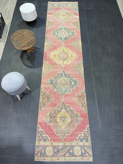 Vintage Runner Rug, Handmade 2.9 x 12.8 Runner Rug, Turkish Runner Rug, Hallway Runner Rug, Persian Kitchen Runner Rug, Hand Knotted Runner