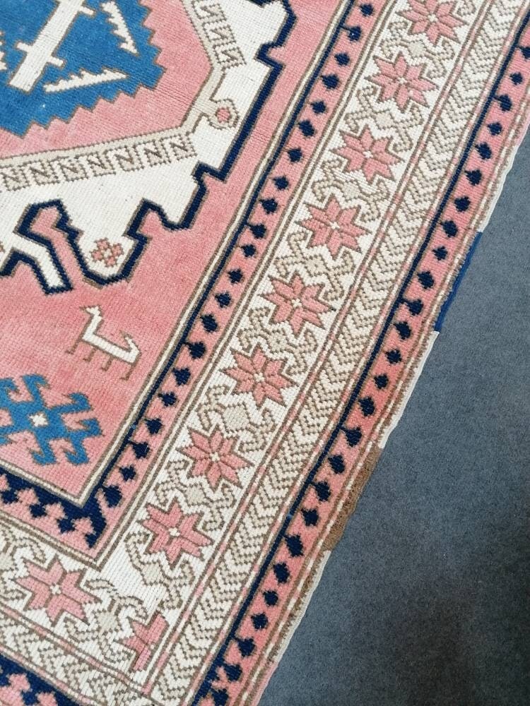 Vintage blue rug, oushak pink rug 4'9x6 handmade wool rug, living room rug