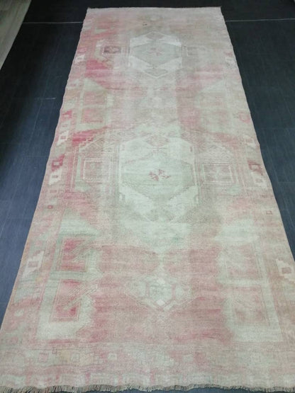 Vintage Runner 4.7 x 11.4 TURKISH Muted Runner Rug Vintage Oushak Runner Rug Light Pink Runner Rug Wool Oriental Runner Antique Runner Rug