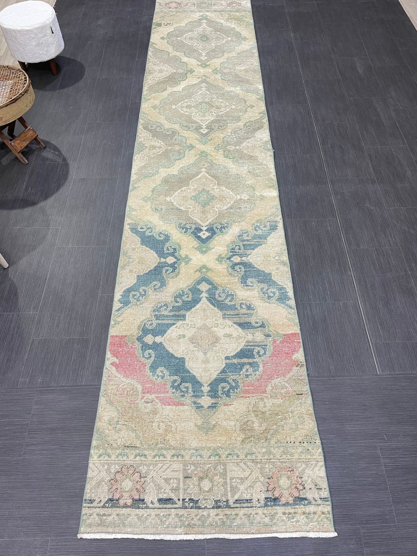 Muted  Handmade Runner Rug, Turkish Runner 2.7 x 13 Rug, Vintage Runner Rug Hallway Runner Rug, Hand Knotted Runner Rug, Persian Runner