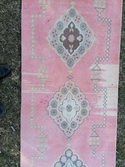 Vintage runner rug 2.10 x 22.10 pink runner rug, oushak wool handmade runner