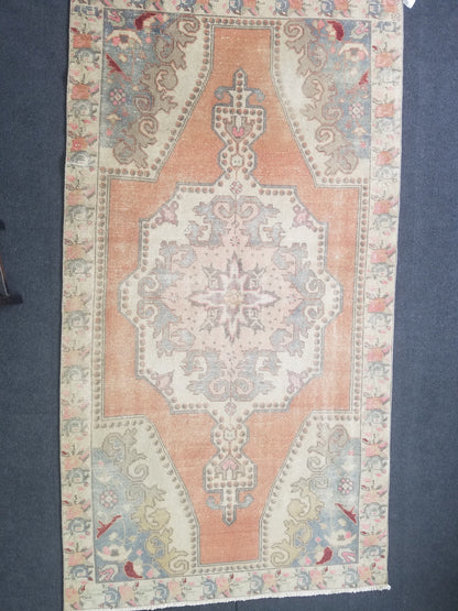 Pastel vintage rug, vintage handmade wool rug, oushak rug,rustic distressed rug 4x7'7  feet
