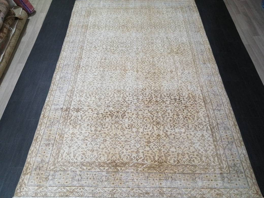 Muted Vintage Rug Neutral 6.5 x 10 Oushak  Rug Vintage  Rug Wool Oushak Rug Neutral Hand Made Rugs Vintage Turkish Rug 7x10