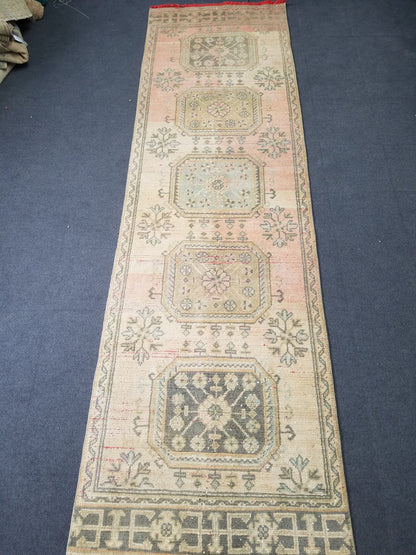 11'x3'2 oushak turkish runner rug, vintage runner rug, vintage oushak runner, vintage anatolian  runnerrug,unique hand made rug,kitchen rug