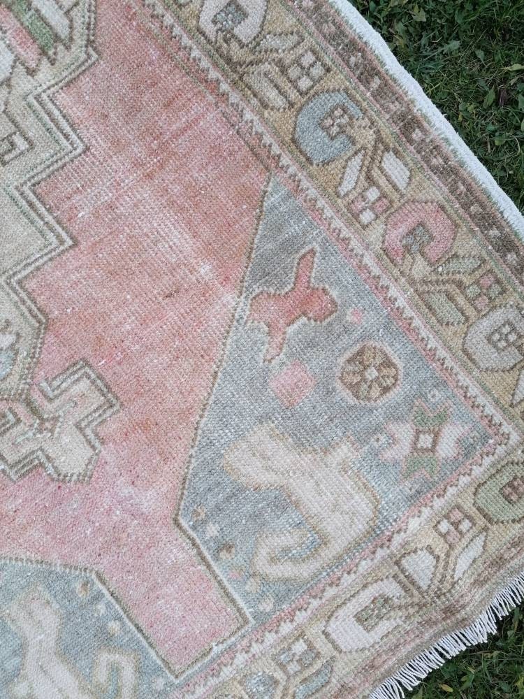 3'7x6'6 vintage pastel turkish rug, oushak vintage rug, kitchen rug,vintage anatolian bohemian rug,unique hand made bohemian