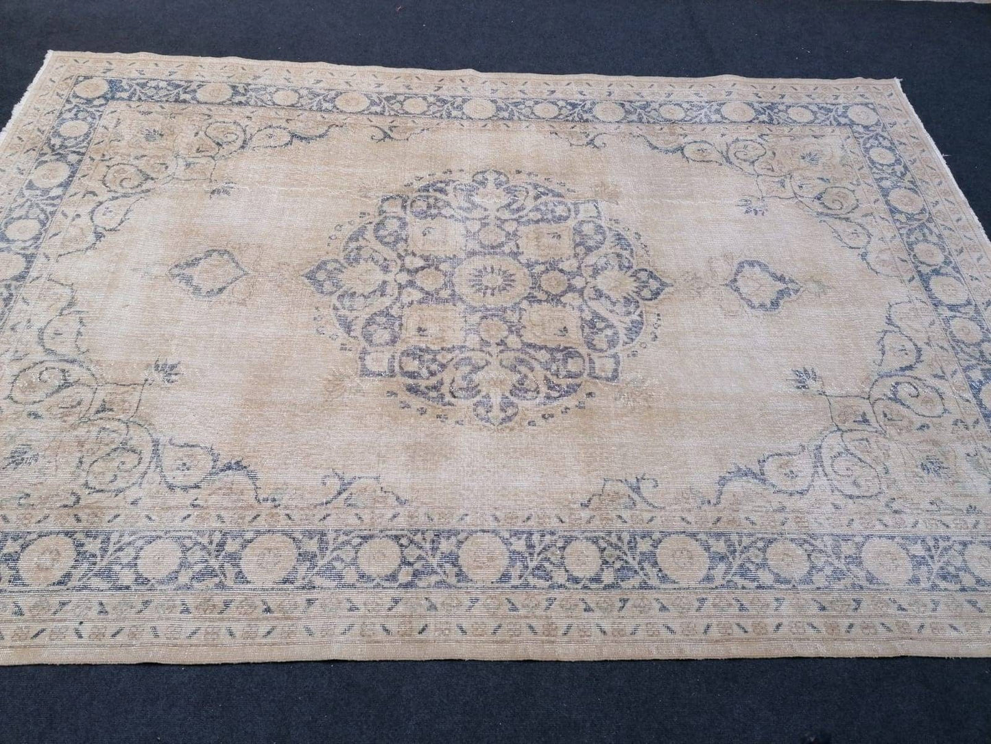 7x10'2 large oushak rug, vintage blue rug, muted turkish rug, hand made vintage wool rug, living room rug, bohemian rug