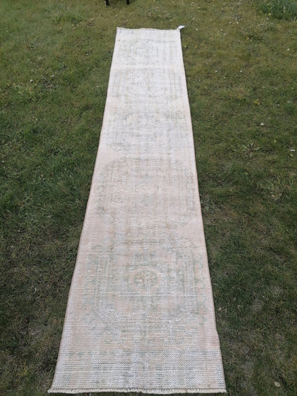 2'4x11 feet, distressed vintage runner rug, muted  turkish runner rug, pastel kitchen runner, hallway runner, vintage anatolian rug