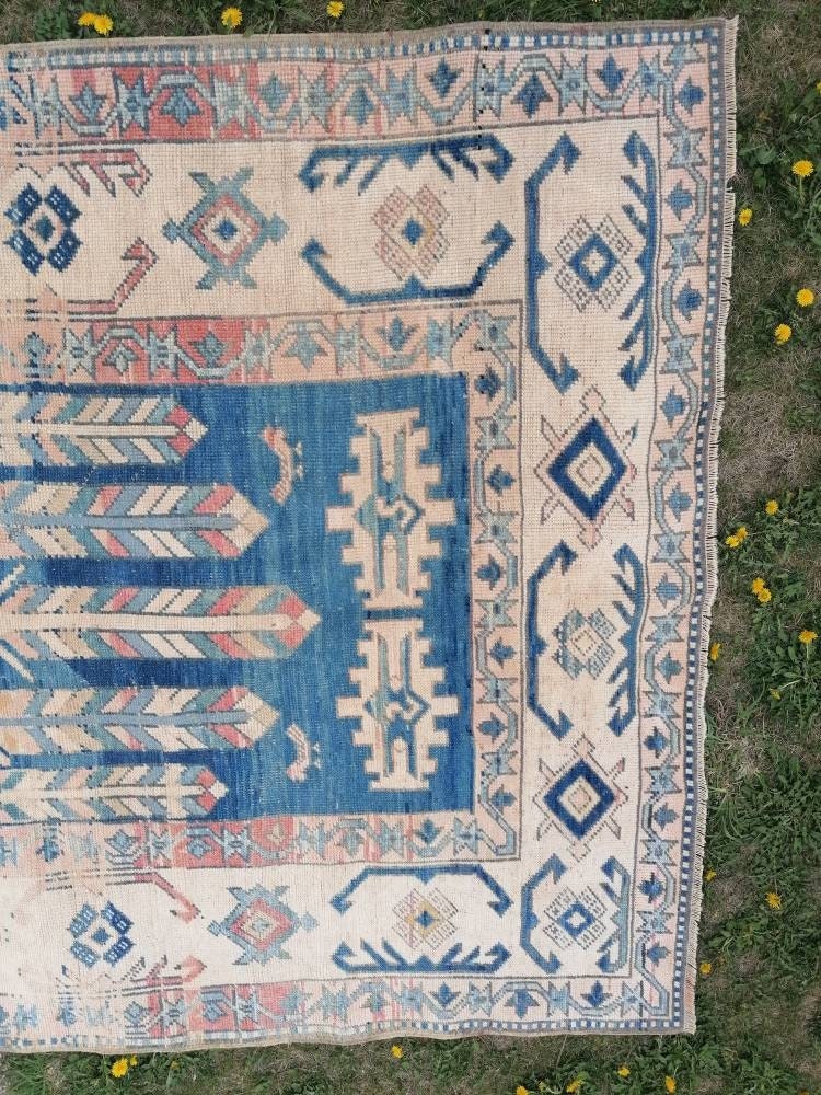 Blue vintage rug, vintage rug, turkish oushak rug 5'5x9'5 hand made wool rug, boho floor rug