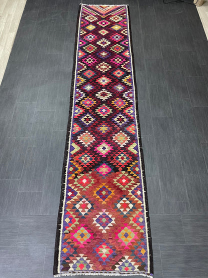 Vintage Runner rug 2.8 x 12.6 Handmade Flat woven Runner Kilim Runner Rug Turkish Runner Vintage Flat weave Rug Wool Carpet Rug