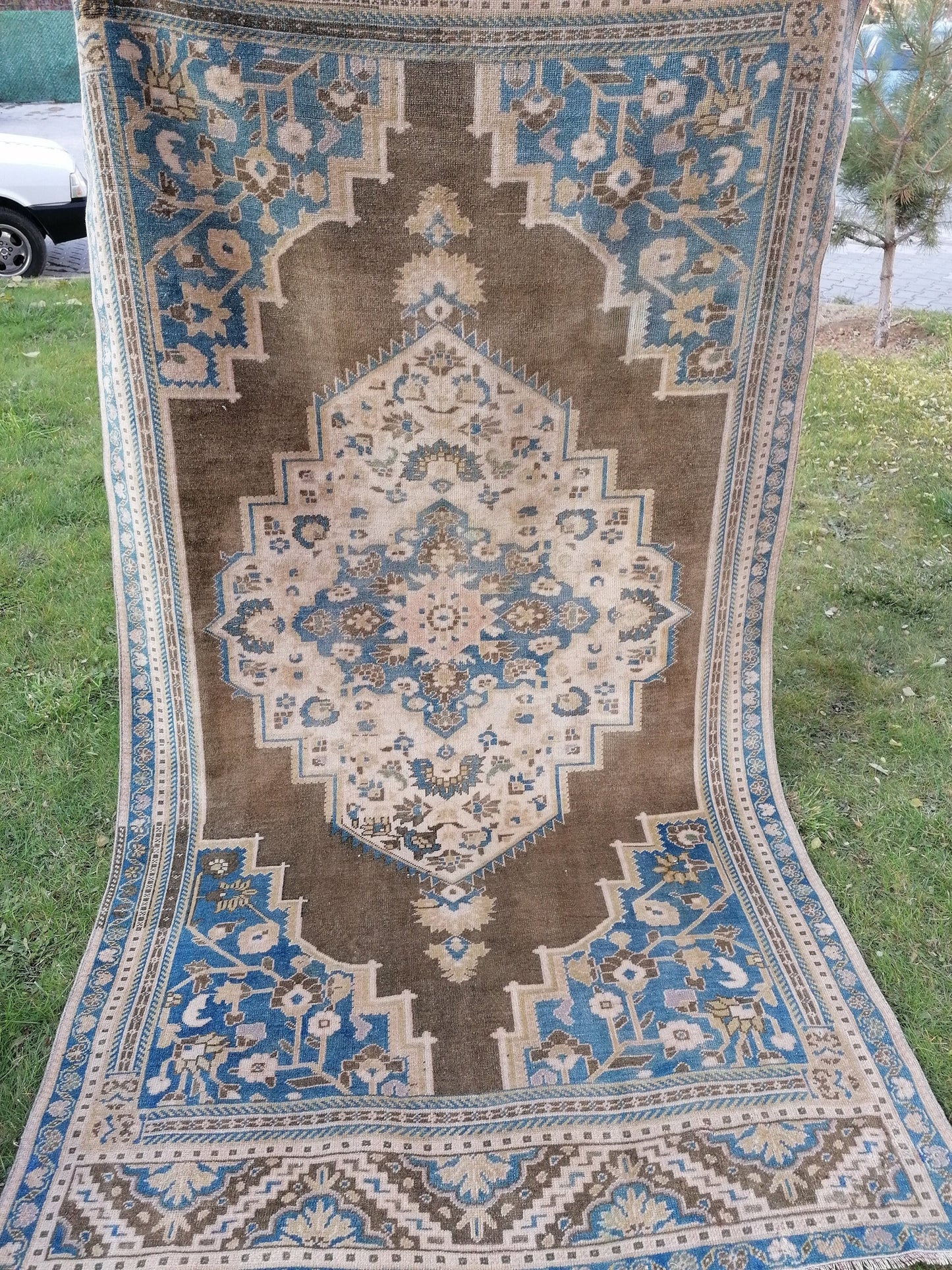 Vintage turkish rug 8'8x4'9 blue anatolian wool rug, are oushak rug, kitchen rug,room rug, unique hand made bohemian rug