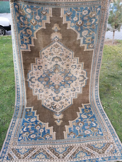Vintage turkish rug 8'8x4'9 blue anatolian wool rug, are oushak rug, kitchen rug,room rug, unique hand made bohemian rug