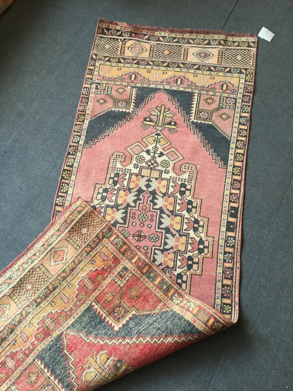 3x7.5 feet pink handmade middle runner, vintage kitchen floor runner, living room area wool runner rug, turkish bedroom runner, bath runner