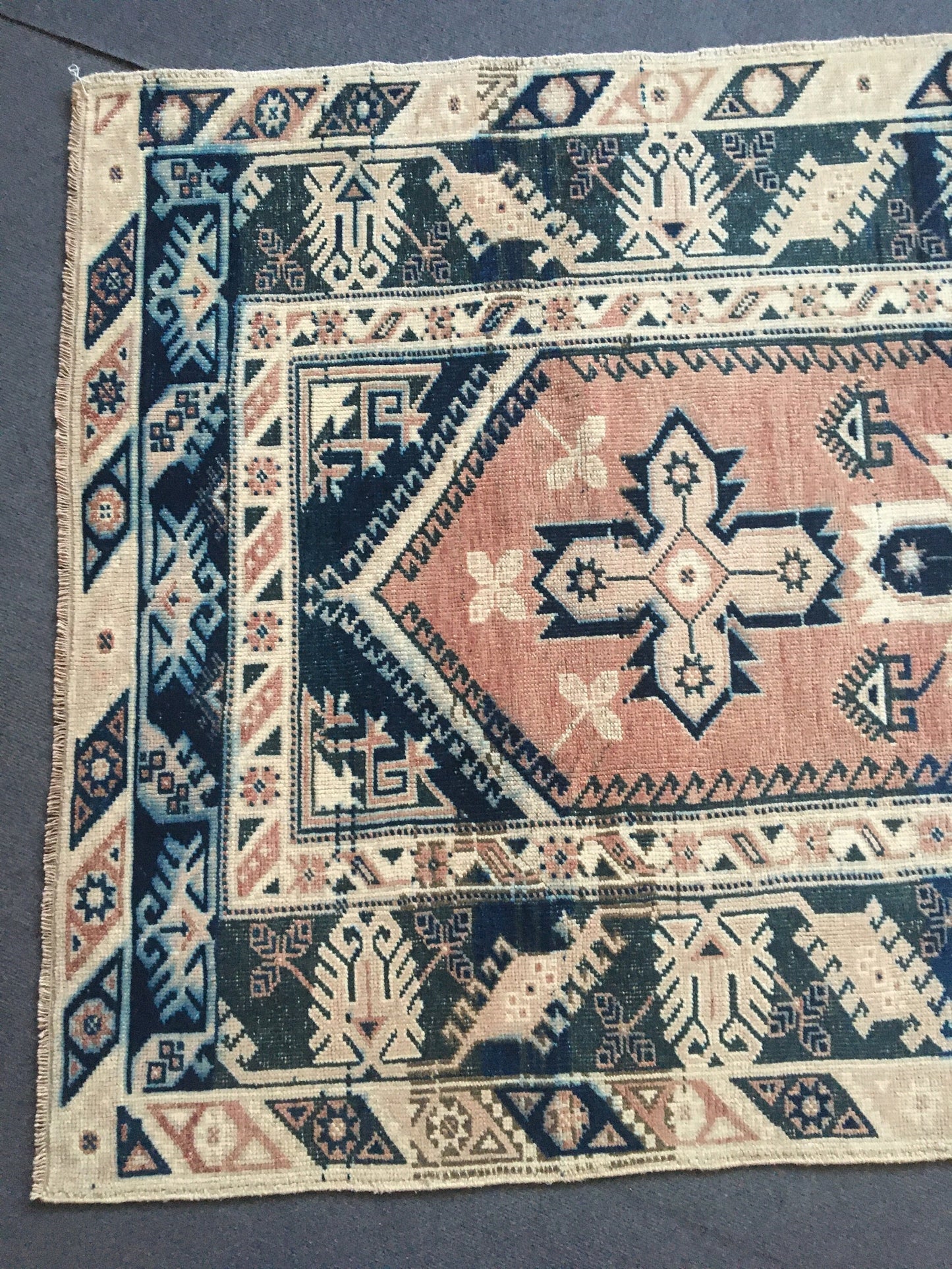 4x7 feet turkish large bedroom rug, handmade blue muted living room floor rug, vintage bathroom area rug, bohemian persian motif wool rugs