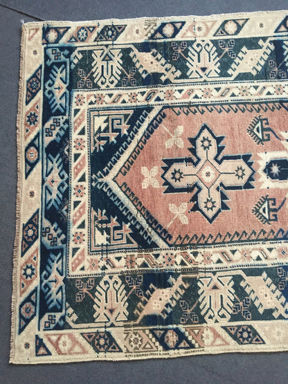 4x7 feet turkish large bedroom rug, handmade blue muted living room floor rug, vintage bathroom area rug, bohemian persian motif wool rugs