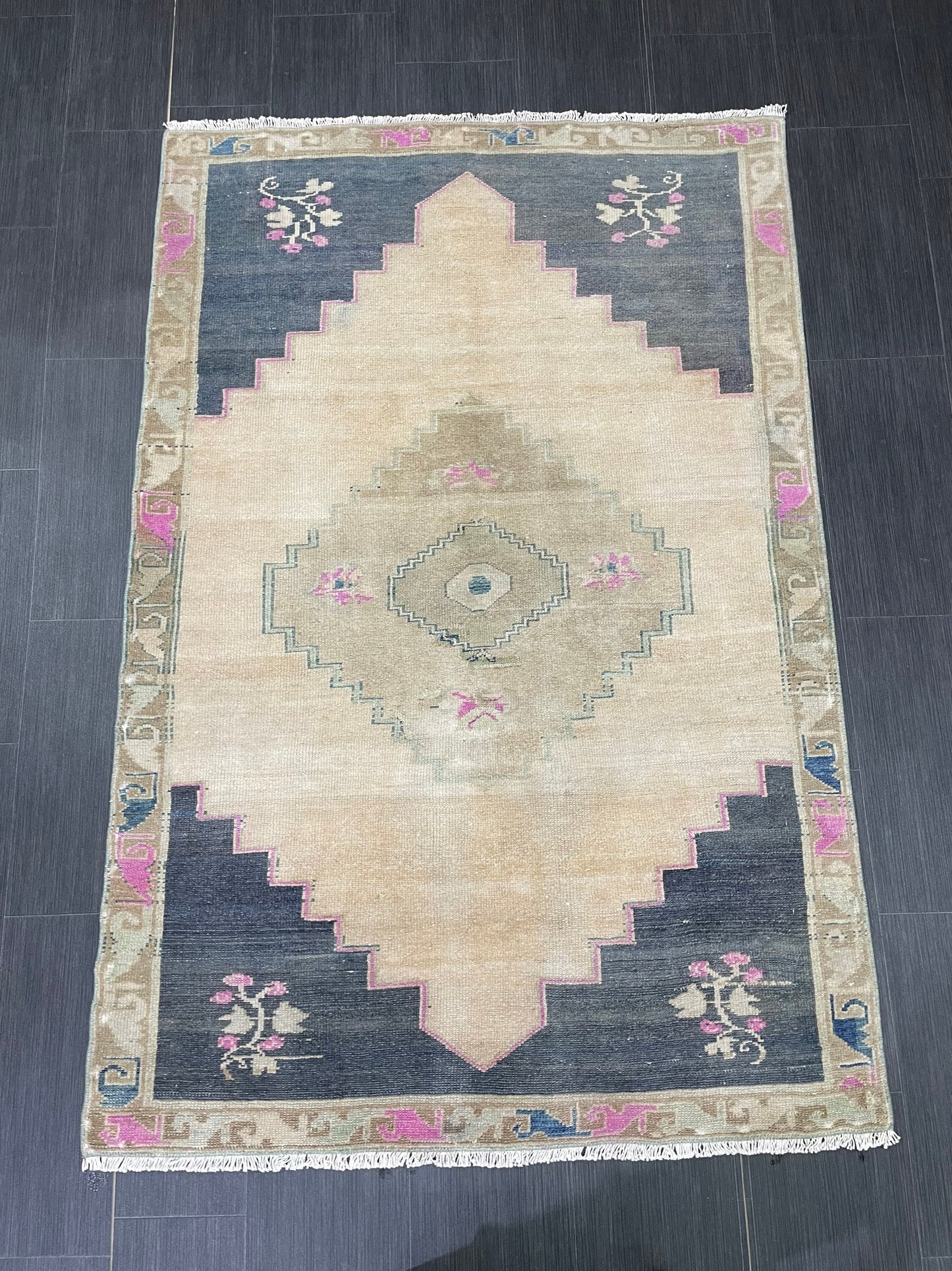 Muted Vintage RUG TURKISH 4 x 6.2 Oushak Rug Vintage Oushak Rug Vintage Rug Muted Navy Rug HandMade Rug Vintage Neutral Rug