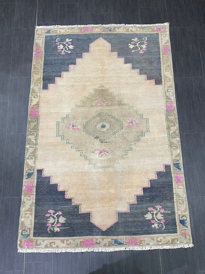 Muted Vintage RUG TURKISH 4 x 6.2 Oushak Rug Vintage Oushak Rug Vintage Rug Muted Navy Rug HandMade Rug Vintage Neutral Rug