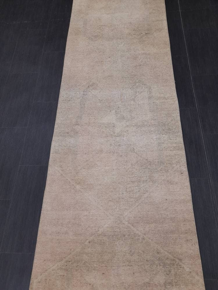 Neutral Vintage Hand Made Runner Rug Turkish Runner Rug 2.8 x 12.3 Faded Vintage Runner Rug Hallway Runner Rug Neutral Kitchen Runner Rug