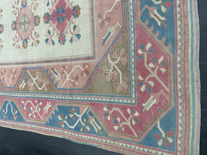 Hand Knotted Oushak Rug 6.8 x 10.3 Vintage Rug Handmade Turkish Rug Persian Rug Vintage Rug, Wool  Blue and Pink Rug Large Rug