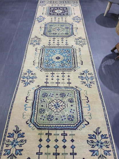 Oushak Runner Rug, Turkish 2.9 x 11.3  Runner Rug, Vintage Runner Rug, Hallway Runner Rug, Kitchen Runner Rug, Handknotted Wool Runner Rug