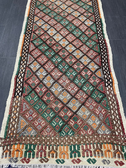 Handmade Embroidery Runner Rug 1.8 x 8 Turkish Runner Rug Flat weave Vintage Runner Rug  Flat-woven Hallway Runner Rug Kitchen Runner