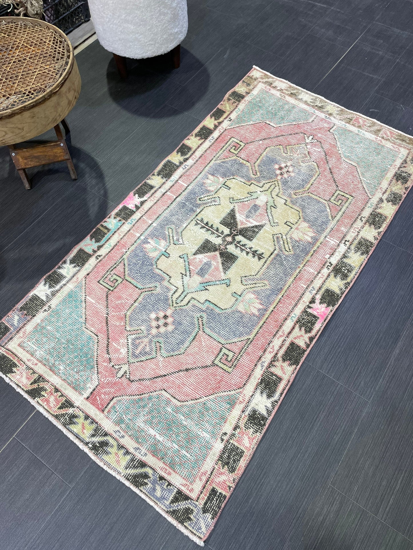 Turkish Rug, Hand Knotted Rug, 2.7 x 5 Living Room Rug, Bathroom Rug, Vanity Rug, Vintage Oushak Rug, Wool Vintage Rugs, Distressed Rug