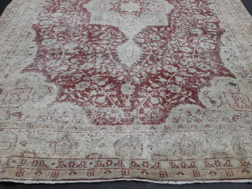 Vintage Turkish Rug 6.6 x 9 Oushak Rug Persian Rug Oriental Red Rug Muted Vintage Floral Rug Elegant Wool Rug Distressed HAND Knotted Rug
